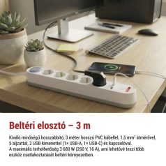   Hosszabbító 3 m / 5 aljzat / kapcsolós / fehér-szürke / 1×USB-A + 1×USB-C / 1,5 mm2