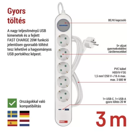 Hosszabbító 3 m / 5 aljzat / kapcsolós / fehér-szürke / 1×USB-A + 1×USB-C / 1,5 mm2