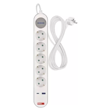 Hosszabbító 3 m / 5 aljzat / kapcsolós / fehér-szürke / 1×USB-A + 1×USB-C / 1,5 mm2