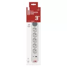 Hosszabbító 3 m / 5 aljzat / kapcsolós / fehér-szürke / 1×USB-A + 1×USB-C / 1,5 mm2