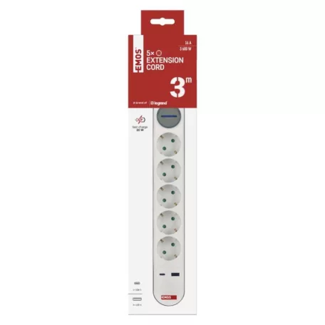 Hosszabbító 3 m / 5 aljzat / kapcsolós / fehér-szürke / 1×USB-A + 1×USB-C / 1,5 mm2