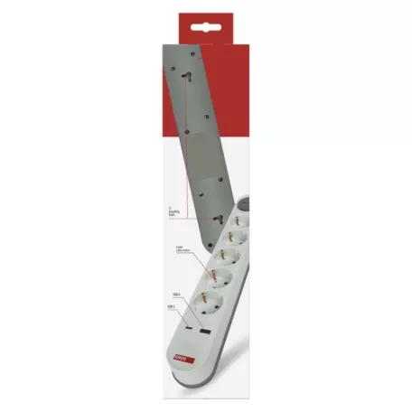 Hosszabbító 3 m / 5 aljzat / kapcsolós / fehér-szürke / 1×USB-A + 1×USB-C / 1,5 mm2