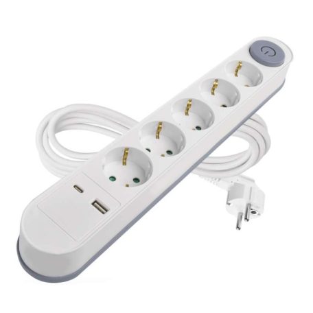 Hosszabbító 3 m / 5 aljzat / kapcsolós / fehér / 1× USB-A + 1× USB-C  / 1,5 mm2