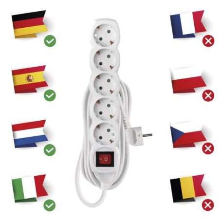 Hosszabbító 5 m / 5 aljzat / kapcsolós / fehér / PVC / 1,5 mm2