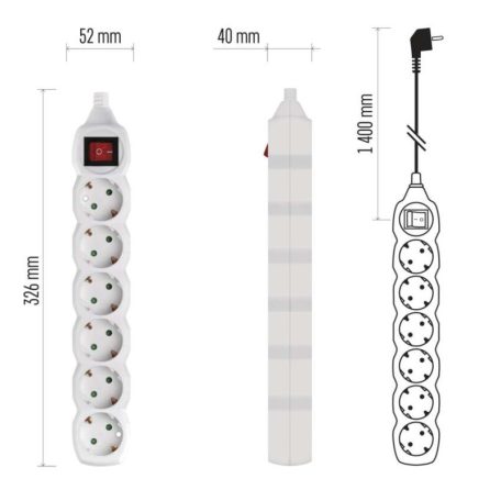 Hosszabbító 1,4 m  /  6 aljzat  /  fehér  /  PVC  /  1 mm2