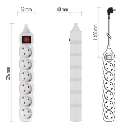 Hosszabbító 1,4 m  /  6 aljzat  /  fehér  /  PVC  /  1 mm2