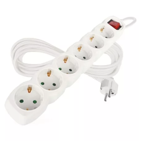 Hosszabbító 5 m / 6 aljzat / kapcsolós / fehér / PVC / 1,5 mm2