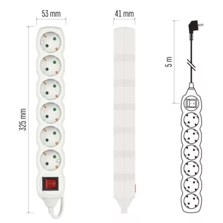 Hosszabbító 5 m / 6 aljzat / kapcsolós / fehér / PVC / 1,5 mm2