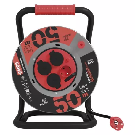 Kültéri kábeldob 50 m / 4 aljzat / fekete / gumi-neoprén / 230V / 1,5 mm2