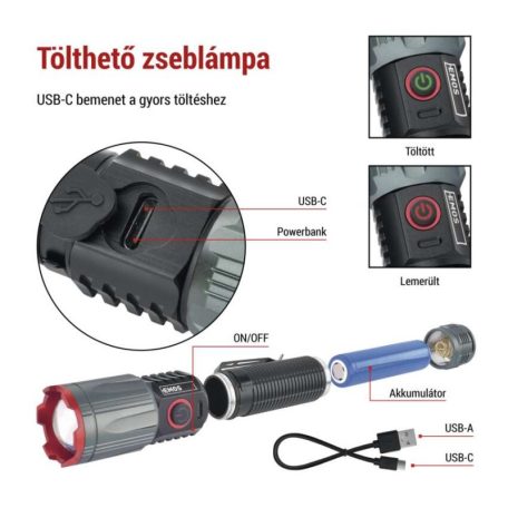 EMOS LED tölthető fém zseblámpa 1200 lm, 2200 mAh