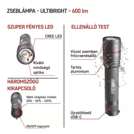 EMOS ULTIBRIGHT 80 CREE LED tölthető fém zseblámpa, 600lm