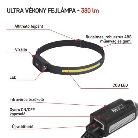 EMOS CREE LED Fejlámpa tölthető 380 lm, Li-Pol 1200 mAh