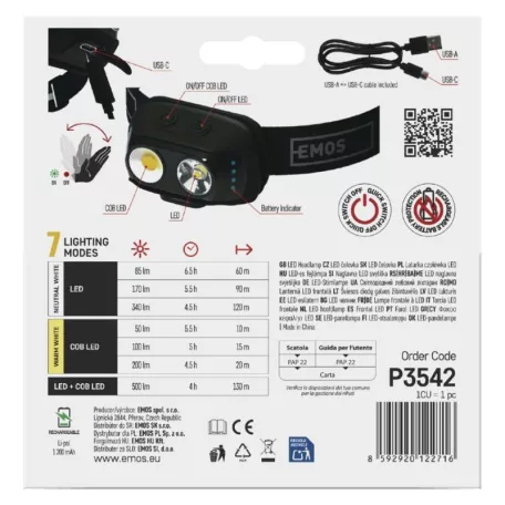 EMOS COB LED Fejlámpa tölthető P3542, 500lm, 130m, Li-pol 1200mAh