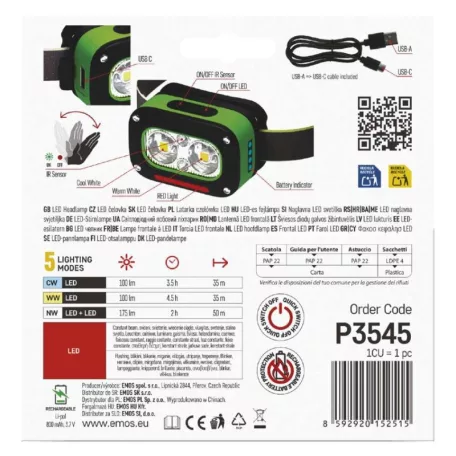 EMOS LED Fejlámpa tölthető P3545, 175 lm, 50 m, Li-pol 800 mAh