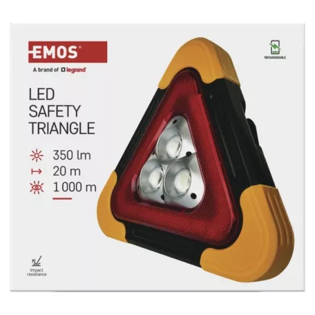 LED figyelmeztető háromszög, tölthető, COB LED + piros LED