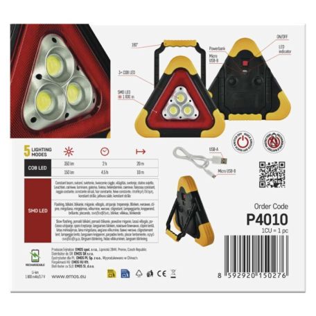 LED figyelmeztető háromszög, tölthető, COB LED + piros LED