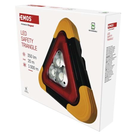 LED figyelmeztető háromszög, tölthető, COB LED + piros LED