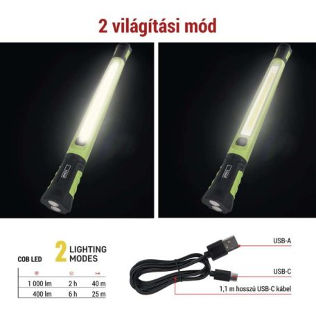 COB LED újratölthető zseblámpa P4545, 1000 lm, 2600 mAh