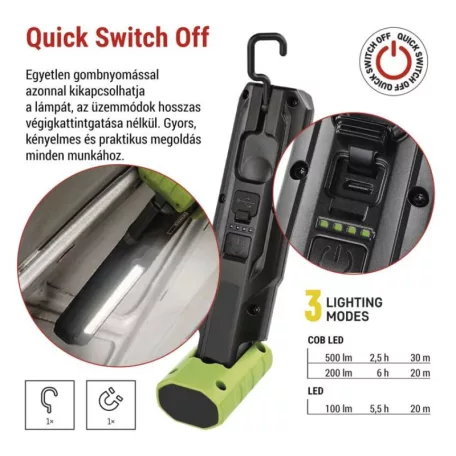 COB LED+LED újratölthető zseblámpa P4546, 500 lm, 2000 mAh