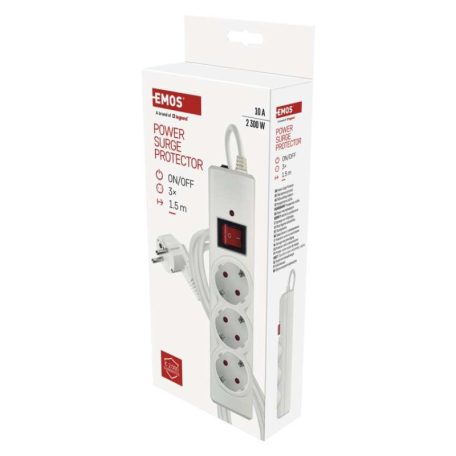 EMOS Túlfeszültségvédő 3 aljzat, 1,5 m, fehér