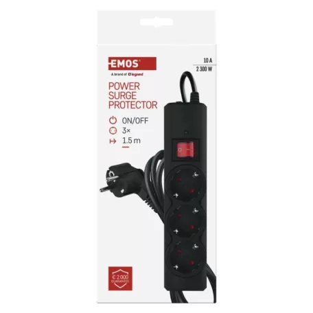 EMOS Túlfeszültségvédő 3 aljzat, 1,5 m, fekete
