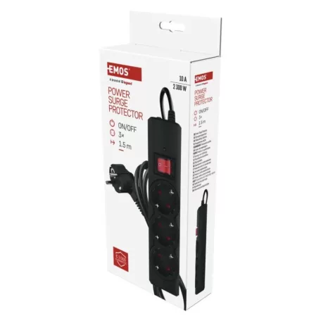 EMOS Túlfeszültségvédő 3 aljzat, 1,5 m, fekete