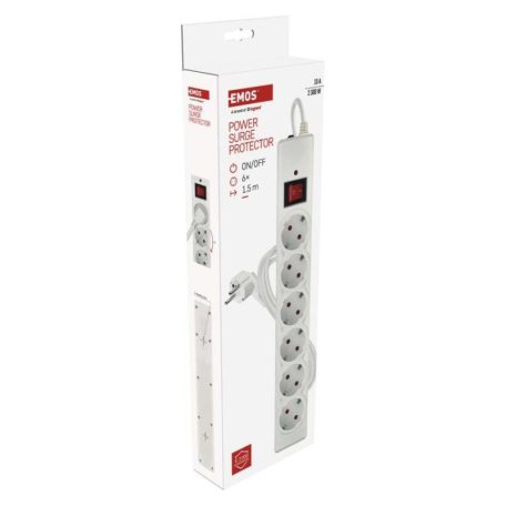 EMOS Túlfeszültségvédő 6 aljzat, 1,5 m, fehér