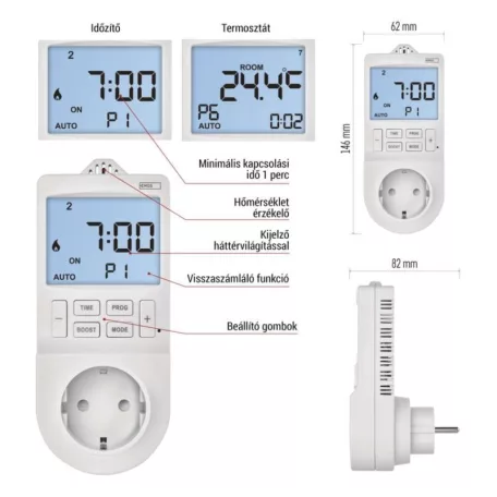 GoSmart 2 az 1-ben konnektoros, digitális termosztát időzítő funkcióval, schuko, WiFi