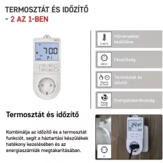   2 az 1-ben konnektoros, digitális termosztát időzítő funkcióval, schuko