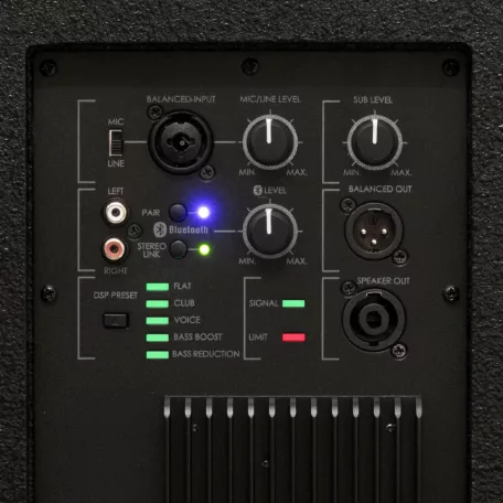 SAL PAS10W43S professzionális oszlopsugárzó hangrendszer, max. 800 W, 25cm mélysugárzó, 4x3” szélessávú satellit hangszóró, aktív zenekari hangdoboz, Bluetooth, fém állvány