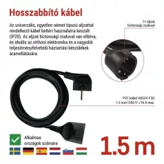 Hosszabbító 1,5 m / 1 aljzat / fekete / PVC / 1,5 mm2