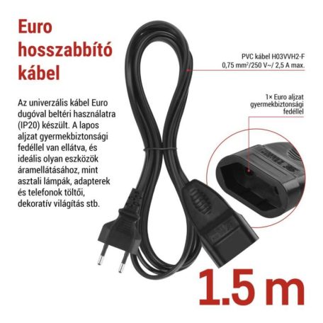 Hosszabbító 1,5 m / 1 aljzat / fekete / PVC / 0,75 mm2