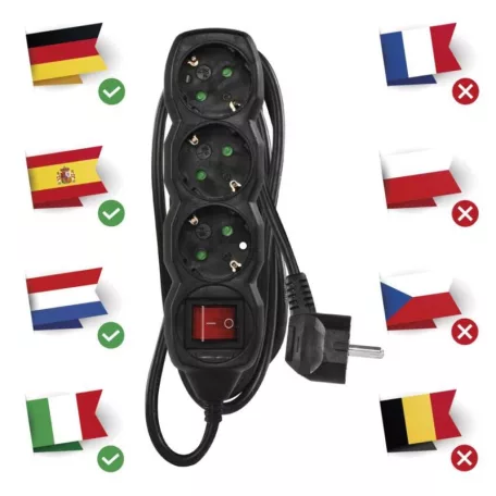 Hosszabbító 1,5 m / 3 aljzat / kapcsolós / fekete / PVC / 1,5 mm2