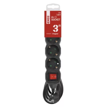 Hosszabbító 3 m / 4 aljzat / kapcsolós / fekete / PVC / 1,5 mm2