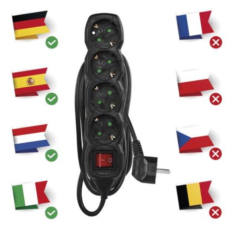 Hosszabbító 5 m / 4 aljzat / kapcsolós / fekete / PVC / 1,5 mm2