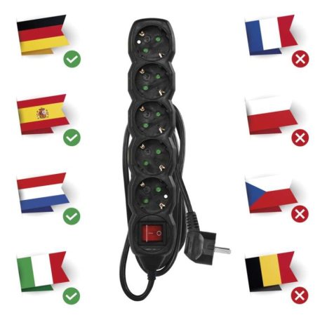 Hosszabbító 1,5 m / 5 aljzat / kapcsolós / fekete / PVC / 1,5 mm2