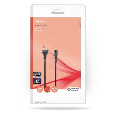 Tápkábel | Euro Férfi | IEC-320-C7 | Egyenes | Egyenes | Nikkelezett | 5.00 m | Kerek | PVC | Fekete | Doboz