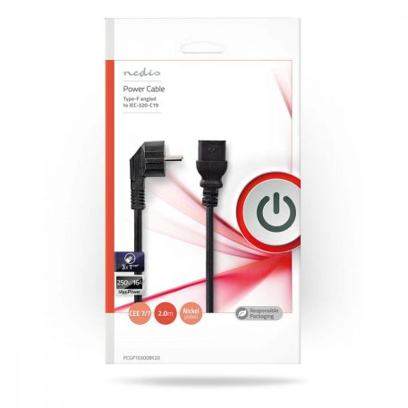 Tápkábel | Földelt Csatlakozó Dugó | IEC-320-C19 | Szögben | Egyenes | Nikkelezett | 2.00 m | Kerek | PVC | Fekete | Műanyag Zacskó