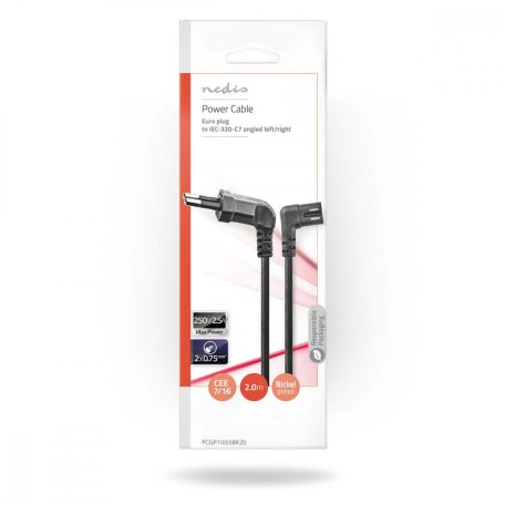 Tápkábel | Euro Férfi | IEC-320-C7 | Szögben | Döntött Bal | Nikkelezett | 2.00 m | Lapos | PVC | Fekete | Boríték
