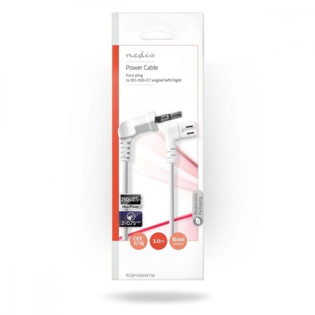 Tápkábel | Euro Férfi | IEC-320-C7 | Szögben | Döntött Bal | Nikkelezett | 3.00 m | Lapos | PVC | Fehér | Boríték