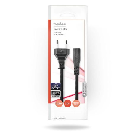 Tápkábel | Euro Férfi | IEC-320-C1 | Egyenes | Egyenes | Nikkelezett | 2.00 m | Lapos | PVC | Fekete | Boríték