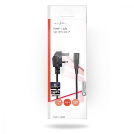 UK tápkábe | Angol Dugasz | IEC-320-C7 | 2.00 m | igen | 2x 0.75 mm² | Réz | Kerek | Nikkelezett | Egyesült Királyság | PVC | Dugasz: Angol / G típus | 250 V AC | 3 A | Fekete