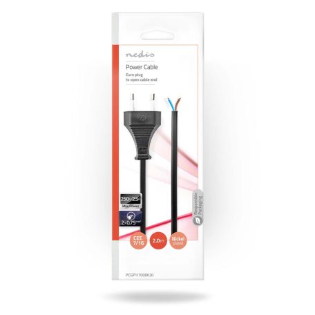 Tápkábel | Euro Férfi | Open | Egyenes | Egyenes | Nikkelezett | 2.00 m | Lapos | PVC | Fekete | Boríték