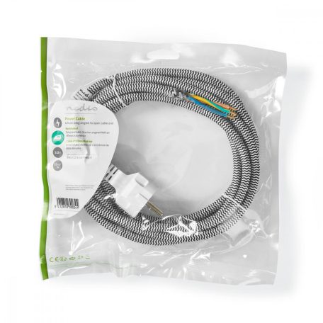 Tápkábel | Földelt Csatlakozó Dugó | Open | Egyenes | Egyenes | Nikkelezett | 3.00 m | Kerek | Pamut | Fehér / Fekete | Boríték