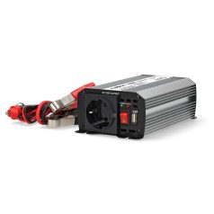   Inverter módosult szinuszhullám | Bemeneti feszültség: 12 V DC | Eszköz táp kimeneti csatlaakozó(k): Type F (CEE 7/3) / USB-A | 230 V AC 50 Hz | 300 W | Kimenő csúcs teljesítmény: 600 W | Akkumulátorsaruk + Szivargyújtó | Ezüst