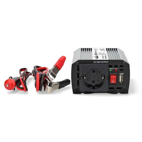 Inverter módosult szinuszhullám | Bemeneti feszültség: 12 V DC | Eszköz táp kimeneti csatlaakozó(k): Type F (CEE 7/3) / USB-A | 230 V AC 50 Hz | 300 W | Kimenő csúcs teljesítmény: 600 W | Akkumulátorsaruk + Szivargyújtó | Ezüst