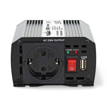 Inverter módosult szinuszhullám | Bemeneti feszültség: 12 V DC | Eszköz táp kimeneti csatlaakozó(k): Type F (CEE 7/3) / USB-A | 230 V AC 50 Hz | 300 W | Kimenő csúcs teljesítmény: 600 W | Akkumulátorsaruk + Szivargyújtó | Ezüst