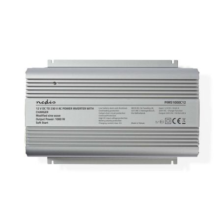 Inverter módosult szinuszhullám | Bemeneti feszültség: 12 V DC | Eszköz táp kimeneti csatlaakozó(k): Type F (CEE 7/3) | 230 V AC 50 Hz | 1000 W | Kimenő csúcs teljesítmény: 2400 W | Akkumulátor Saru | Ezüst