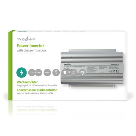 Inverter módosult szinuszhullám | Bemeneti feszültség: 12 V DC | Eszköz táp kimeneti csatlaakozó(k): Type F (CEE 7/3) | 230 V AC 50 Hz | 1000 W | Kimenő csúcs teljesítmény: 2400 W | Akkumulátor Saru | Ezüst