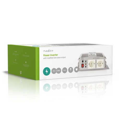 Inverter módosult szinuszhullám | Bemeneti feszültség: 12 V DC | Eszköz táp kimeneti csatlaakozó(k): Type F (CEE 7/3) | 230 V AC 50 Hz | 1000 W | Kimenő csúcs teljesítmény: 2400 W | Akkumulátor Saru | Ezüst